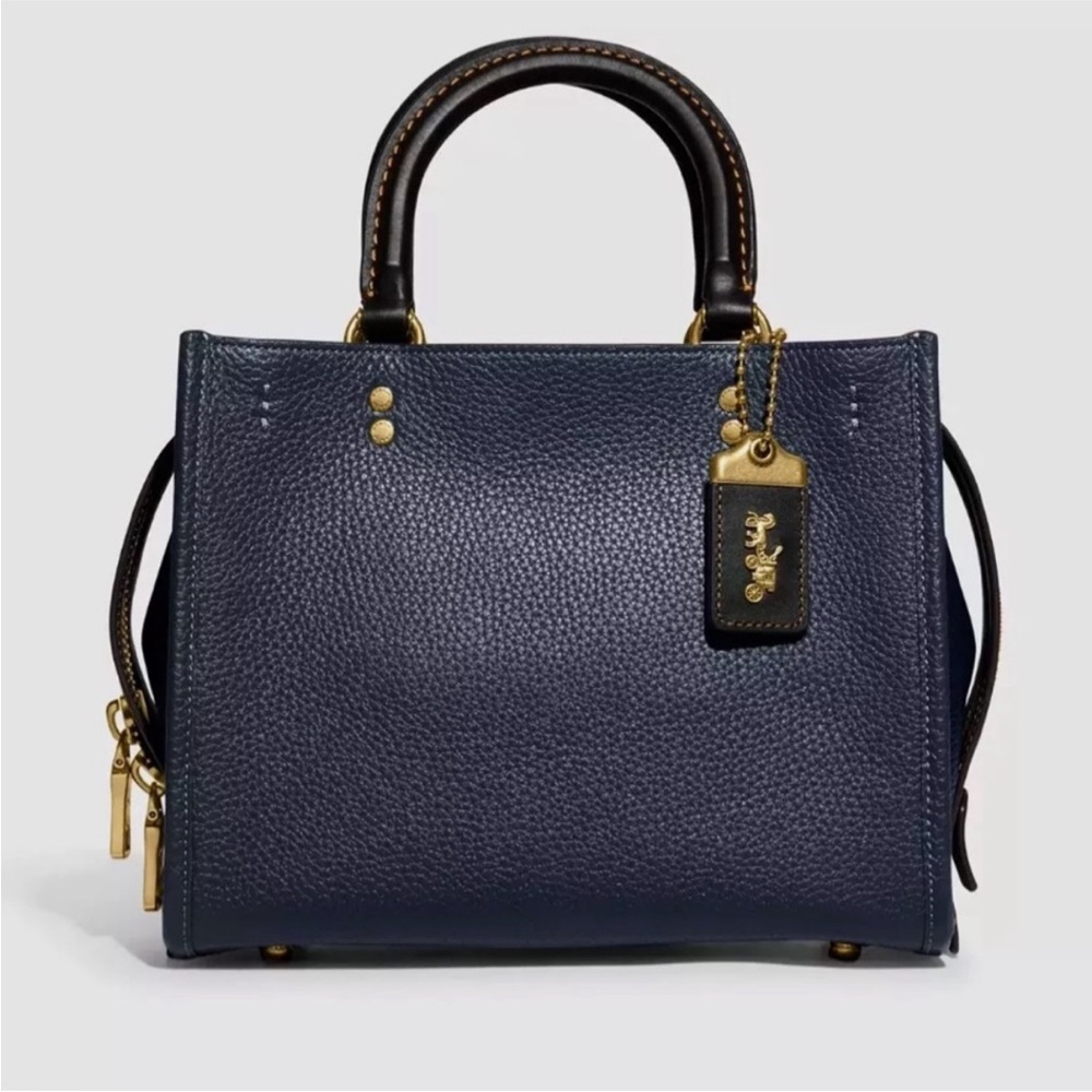 Coach Navy Blue Pebbled Leather Satchel with Dark Brown Handles & Gold Hardware